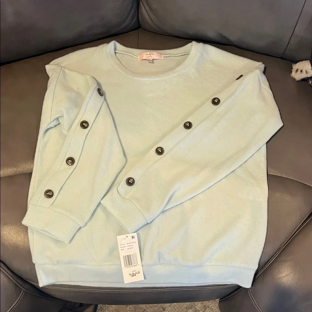 A New Day Sky Blue/teal Button Sleeve Sweater - Picture 2 of 6